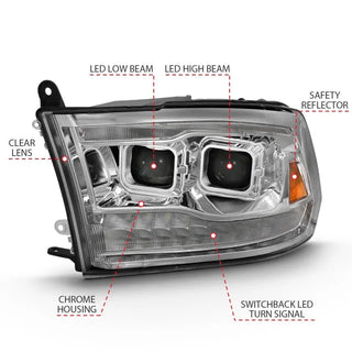 ANZO LED Projector Headlights Plank Style Switchback w/ Halo (Chrome): Dodge Ram 1500 2009 - 2018