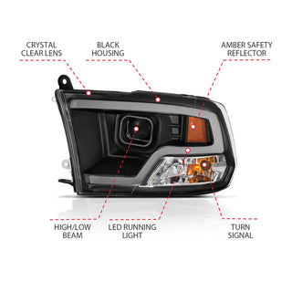 ANZO Plank Style Projector Headlights w/ Halo (Black): Dodge Ram 1500 2009 - 2018