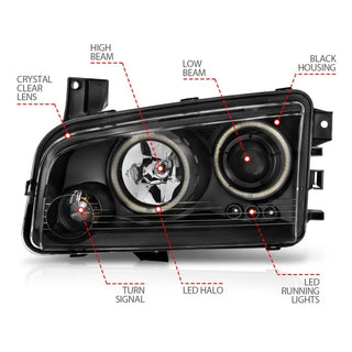 ANZO Projector Headlights w/ Halo (Black): Dodge Charger 2006 - 2010