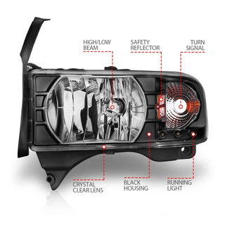ANZO Crystal Headlights w/ LED (Black): Dodge Ram 1994 - 2002 (1500, 2500, 3500)