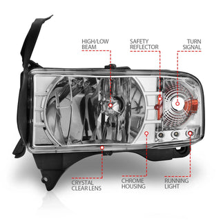 ANZO Crystal Headlights w/ LED (Chrome): Dodge Ram 1994 - 2002 (1500, 2500, 3500)