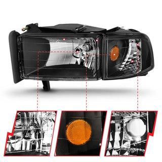 ANZO Crystal Headlights (Black): Dodge Ram 1994 - 2002 (1500, 2500, 3500)