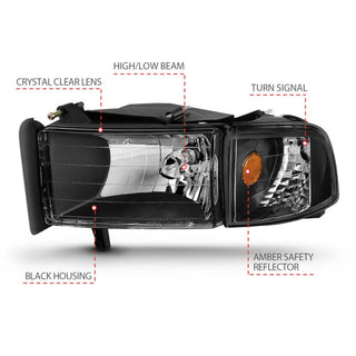 ANZO Crystal Headlights (Black): Dodge Ram 1994 - 2002 (1500, 2500, 3500)