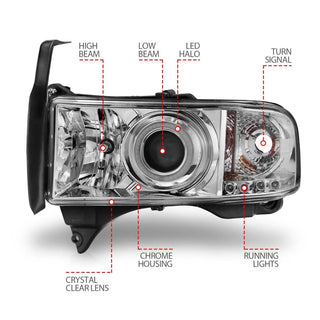 ANZO Projector Headlights w/ Halo (Chrome): Dodge Ram 1994 - 2002 (1500, 2500, 3500)