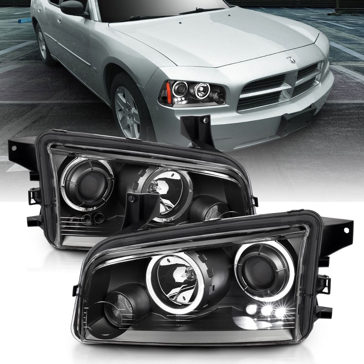 ANZO Halogen Projector Headlights w/ Halo (Black): Dodge Charger 2006 - 2010