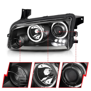 ANZO Halogen Projector Headlights w/ Halo (Black): Dodge Charger 2006 - 2010