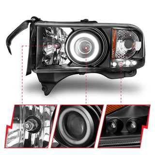 ANZO Projector Headlights w/ Halo (Black): Dodge Ram 1994 - 2002 (1500, 2500, 3500)