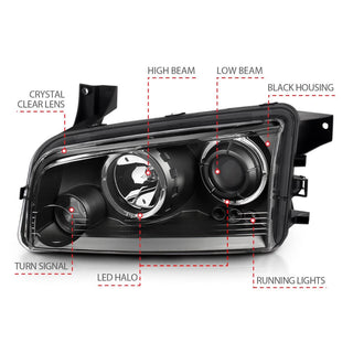 ANZO Halogen Projector Headlights w/ Halo (Black): Dodge Charger 2006 - 2010