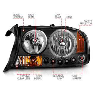 ANZO Projector Headlights w/ Halo (Black): Dodge Dakota 1997 - 2004