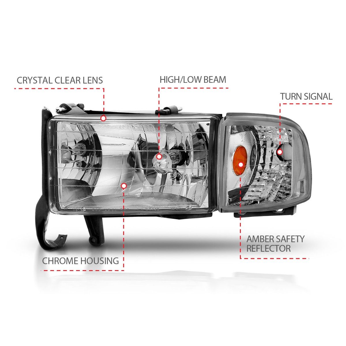 Pair For 1994-2002 Dodge Ram 1500/94-02 2500 3500 Headlights Chrome Pair For 1994-2002 Dodge Ram 1500/94-02 2500 3500 Headlights Chrome
