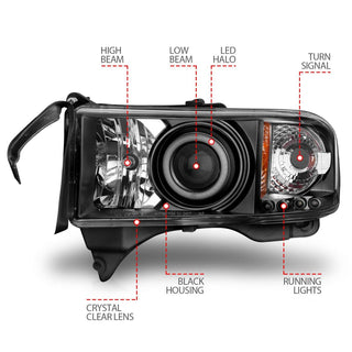 ANZO Projector Headlights w/ Halo (Black): Dodge Ram 1994 - 2002 (1500, 2500, 3500)