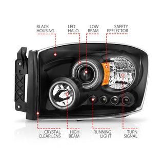 ANZO Projector Headlights w/ Halo (Black): Dodge Ram 1500 2006 - 2008