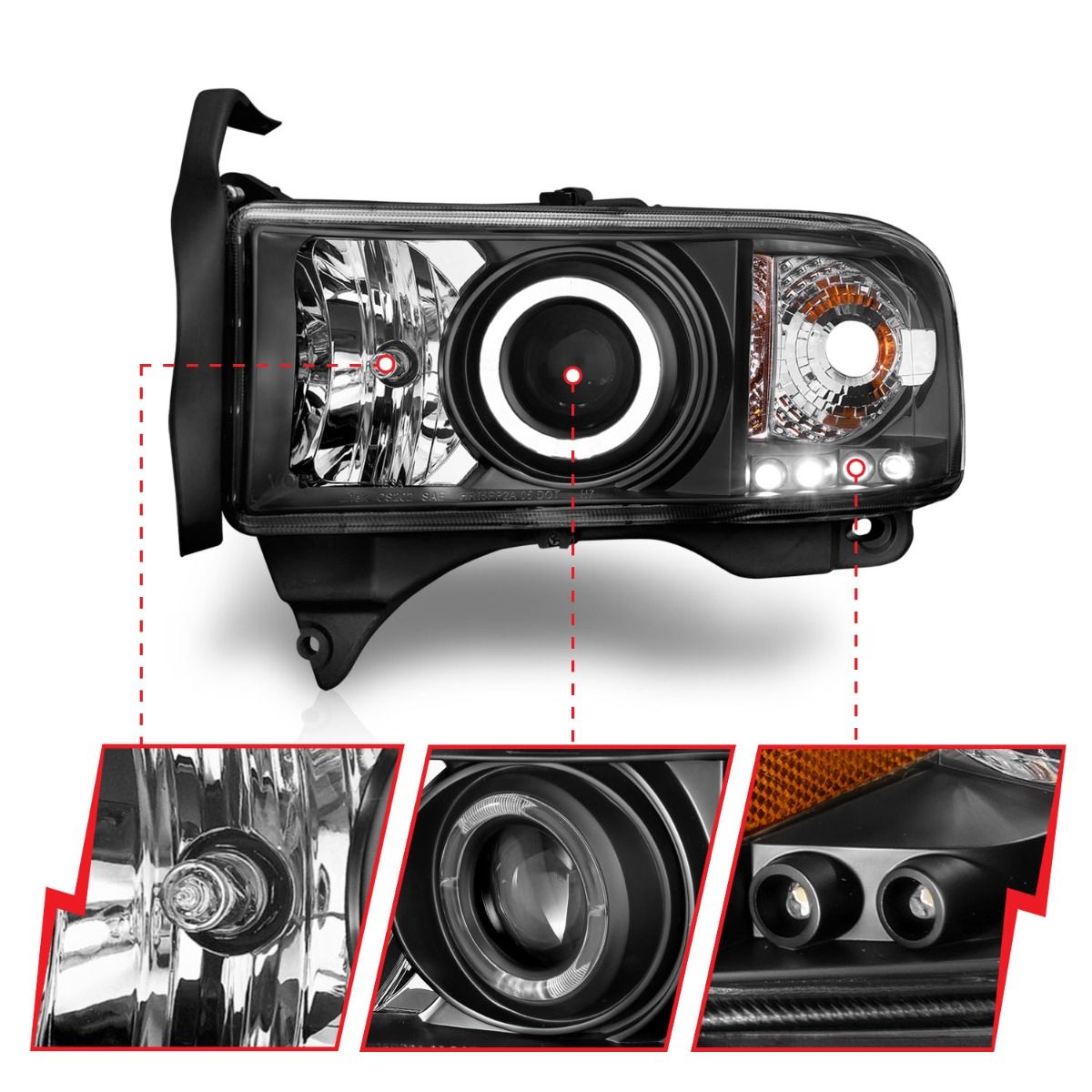 ANZO Projector Headlights w/ Halogen (Black): Dodge Ram 1994 - 2002 (1500, 2500, 3500)