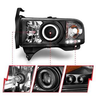 ANZO Projector Headlights w/ Halogen (Black): Dodge Ram 1994 - 2002 (1500, 2500, 3500)