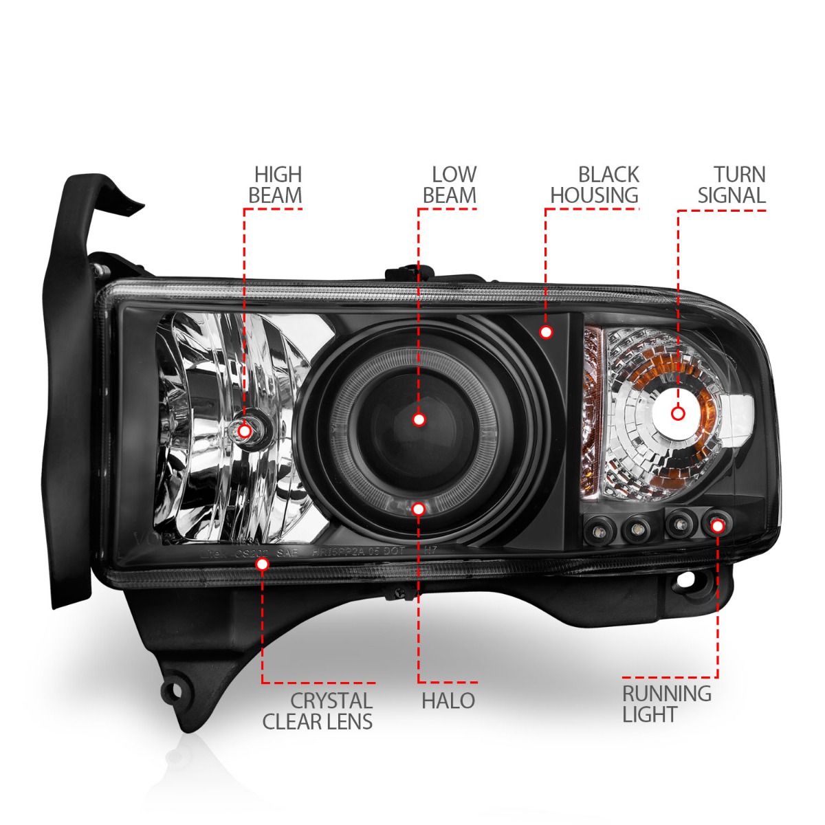 ANZO Projector Headlights w/ Halogen (Black): Dodge Ram 1994 - 2002 (1500, 2500, 3500)