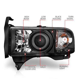 ANZO Projector Headlights w/ Halogen (Black): Dodge Ram 1994 - 2002 (1500, 2500, 3500)