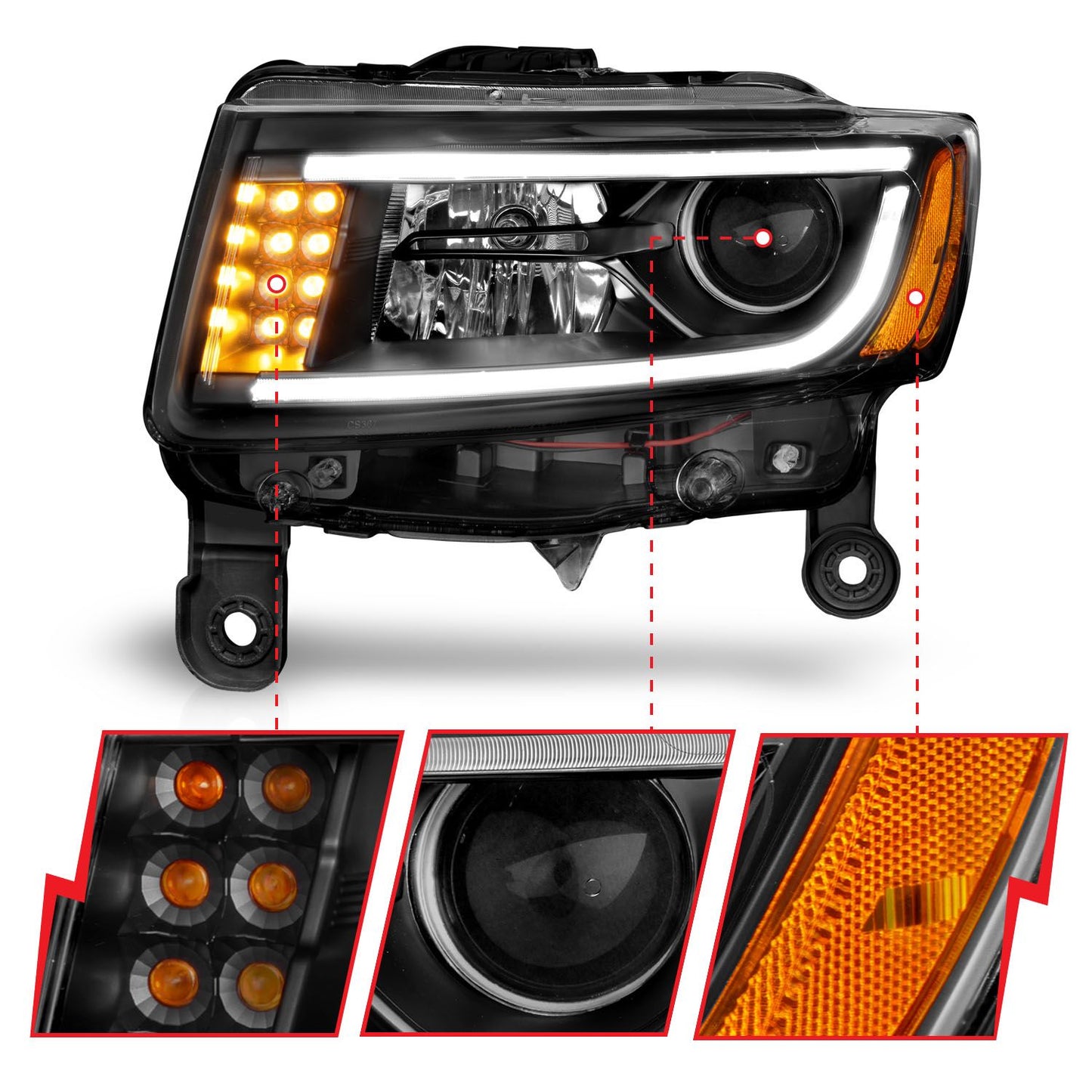 ANZO Projector Headlights w/ Plank Style (Black): Jeep Grand Cherokee 2014 - 2015