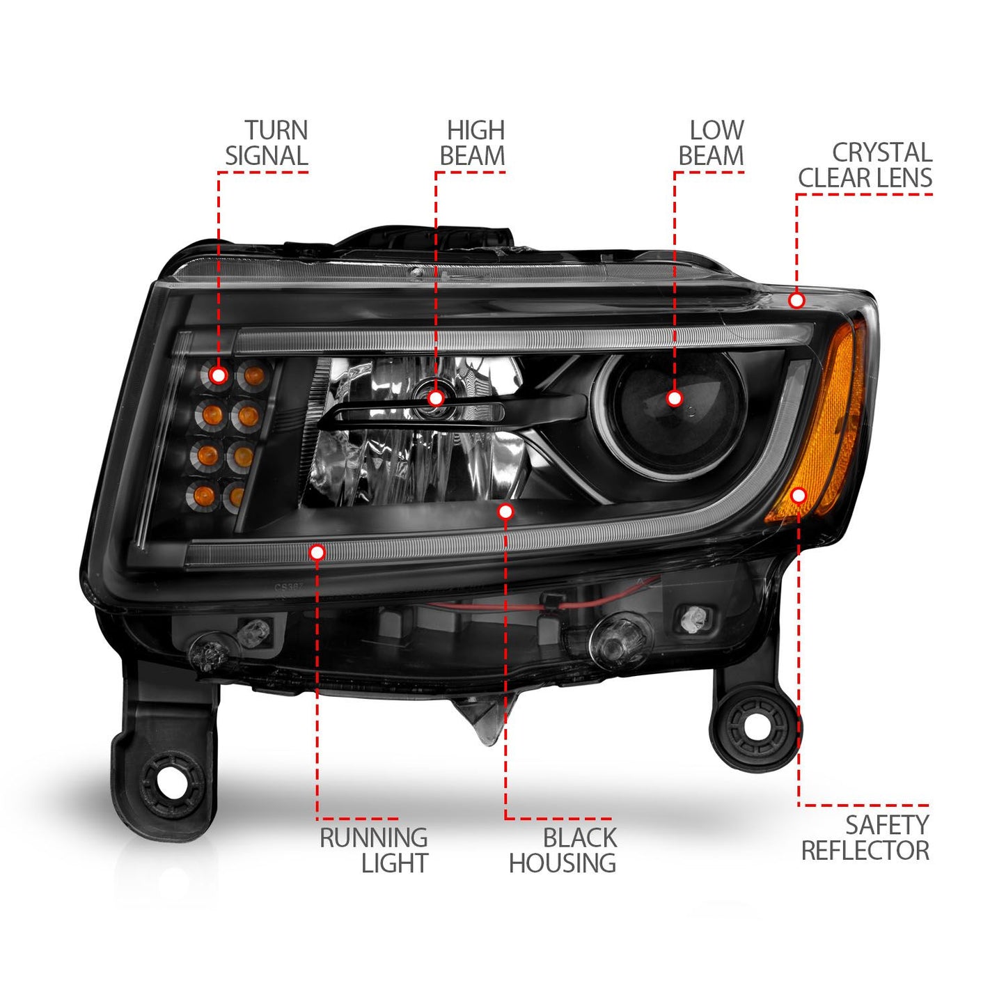 ANZO Projector Headlights w/ Plank Style (Black): Jeep Grand Cherokee 2014 - 2015