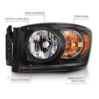 ANZO Crystal Headlights (Black/Amber): Dodge Ram 1500 2006 - 2009