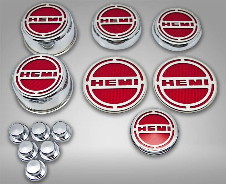 American Car Craft "HEMI" Deluxe Fluid & Shock Tower Cap Covers (13PC): Dodge Challenger V8 2008 - 2023