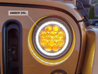 Raxiom Axial Spider LED Headlight Amber DRL Chrome Hsng: Jeep Wrangler 1997-2018 4.0L I6 / 3.8L V6 / 3.6L V6 - Clear Lens