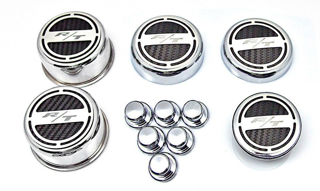 American Car Craft "R/T" Deluxe Fluid & Shock Tower Cap Covers (13PC): Dodge Challenger 5.7L Hemi 2009 - 2023
