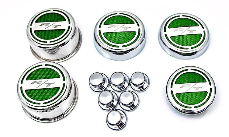 American Car Craft "R/T" Deluxe Fluid & Shock Tower Cap Covers (13PC): Dodge Challenger 5.7L Hemi 2009 - 2023