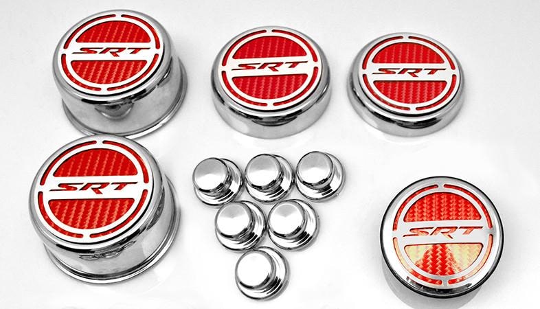 American Car Craft "SRT" Fluid & Shock Tower Cap Covers (11PC): Dodge Challenger V8 2008 - 2023