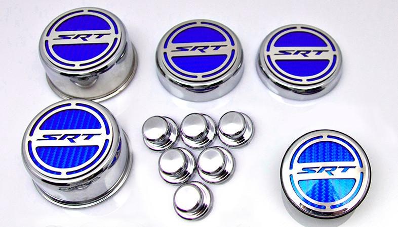 American Car Craft "SRT" Fluid & Shock Tower Cap Covers (11PC): Dodge Challenger V8 2008 - 2023