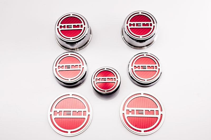 American Car Craft "HEMI" Deluxe Fluid & Shock Tower Cap Covers (13PC): Dodge Challenger V8 2008 - 2023