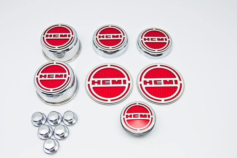 American Car Craft "HEMI" Deluxe Fluid & Shock Tower Cap Covers (13PC): Dodge Challenger V8 2008 - 2023