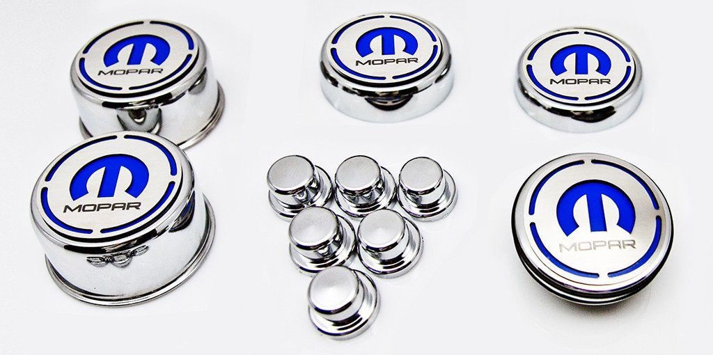 American Car Craft "MOPAR" Deluxe Fluid & Shock Tower Cap Covers (13PC): Dodge Challenger V8 2008 - 2023