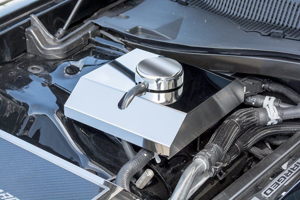 American Car Craft Polished Supercharger Coolant Tank Cover: Dodge Challenger 6.2L SRT Hellcat 2015 - 2023