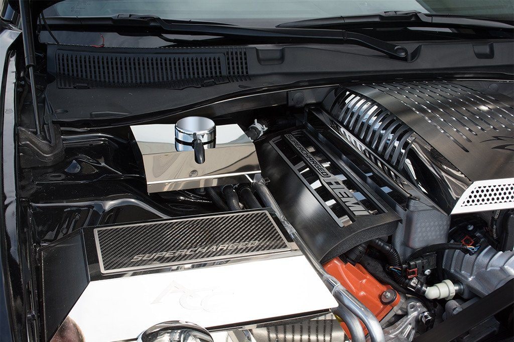 American Car Craft Polished Supercharger Coolant Tank Cover: Dodge Challenger 6.2L SRT Hellcat 2015 - 2023