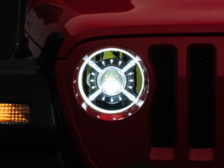 Raxiom LED Headlights DRL Halo Black Housing: Jeep Wrangler JL 2018-2025 / Gladiator 2020-2025 6.4L 392 / 3.6L V6 / 3.0L EcoDiesel / 2.0L Turbo