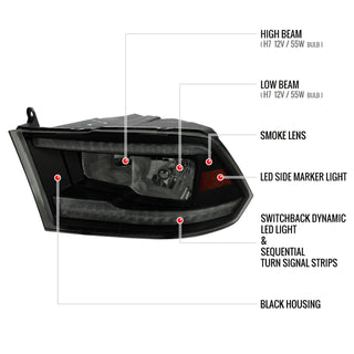 Spec D LED Sequential Headlights (Smoke): Dodge Ram 2009 - 2018