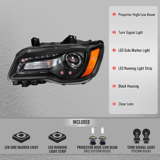 Spec D Projector Halo Headlights (Black w/ Amber Reflectors): Chrysler 300 2005 - 2010
