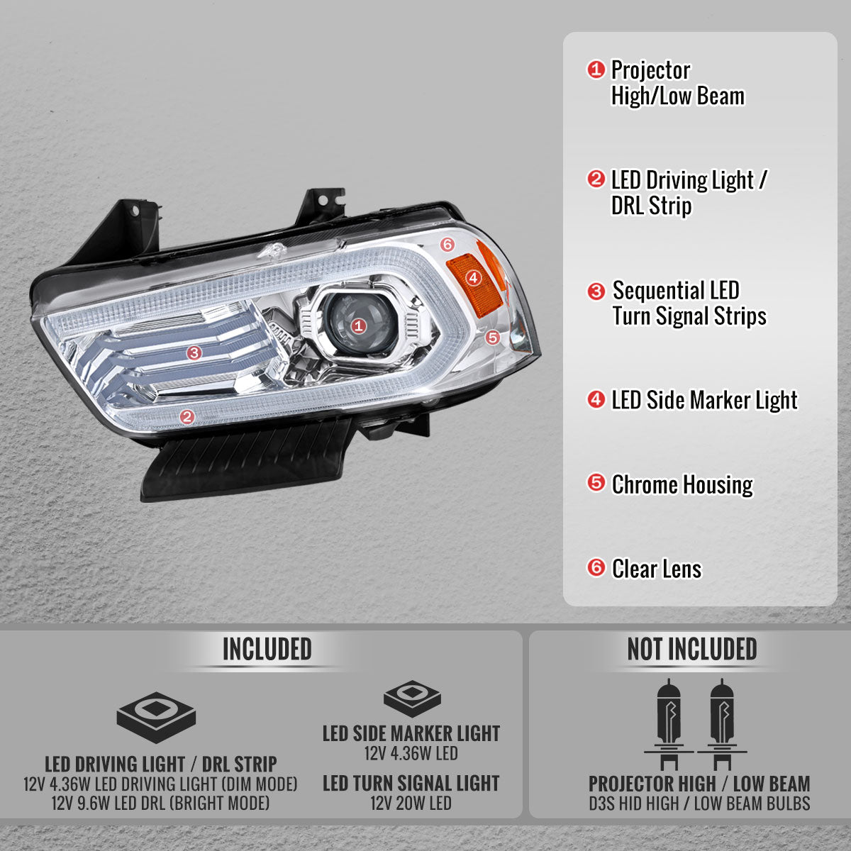 Spec D OE HID Projector Headlight (Chrome Housing Clear Lens): Dodge Charger 2011 - 2014 (Models Only)