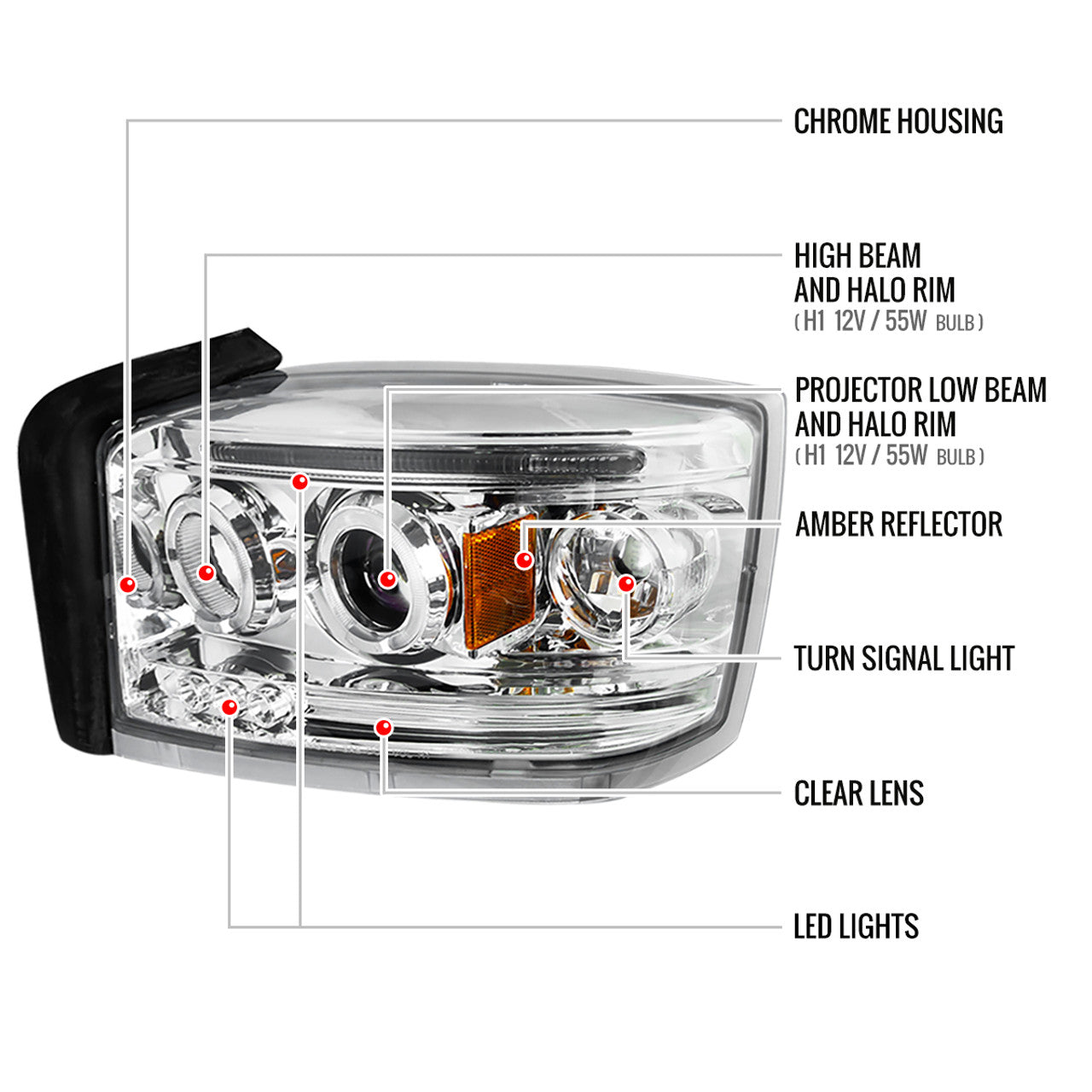 Spec D LED Projector HeadLights (Chrome): Dodge Dakota 2005 - 2007