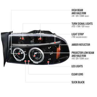 Spec D Projector Halo Headlights (Glossy Black): Dodge Dakota & Durango 1997 - 2004