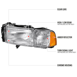 Spec D OEM Style Headlights & Corner Lights (Chrome): Dodge Ram 1998 - 2002
