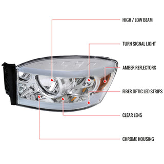 Spec D OEM Style Headlights w/ LED Bar (Chrome): Dodge Ram 2006 - 2008
