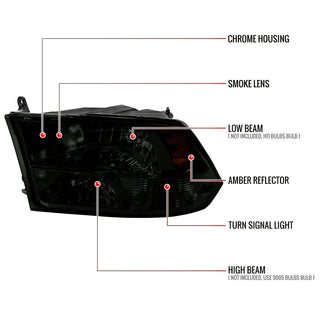 Spec D Factory Quad Headlights Chrome Housing Smoked Lens: Fits Ram 1500 / 2500 / 3500 2009-2024