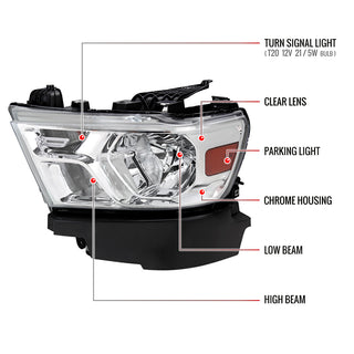 Spec D Factory Style Crystal Headlight Chrome Housing (DRIVER): Ram 1500 2019-2024 3.6L/5.7L
