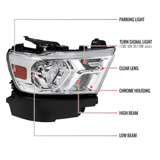 Spec D Factory Style Crystal Headlight Passenger Side: Ram 1500 2019-2024 w/ Chrome Housing