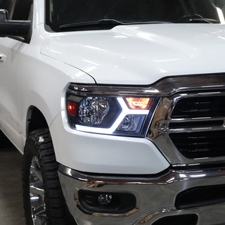 Spec D Animated LED Bar Headlights Clear Lens Matte Black: Ram 1500 2019-2024 w/ Factory Halogen