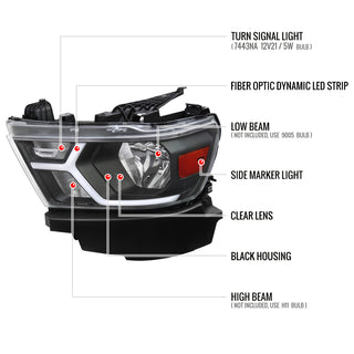 Spec D Animated LED Bar Headlights Clear Lens Matte Black: Ram 1500 2019-2024 w/ Factory Halogen