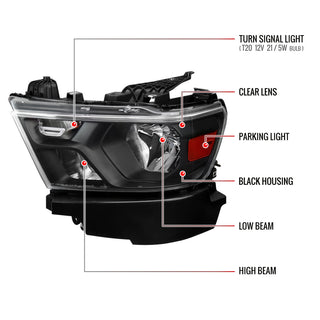 Spec D Factory Style Crystal Headlight Black Housing (DRIVER): Ram 1500 2019-2024 3.6L/5.7L
