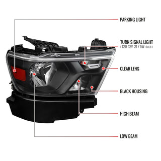 Spec D Factory Style Crystal Headlight Black Housing (PASSENGER): Ram 1500 2019-2024 3.6L/5.7L