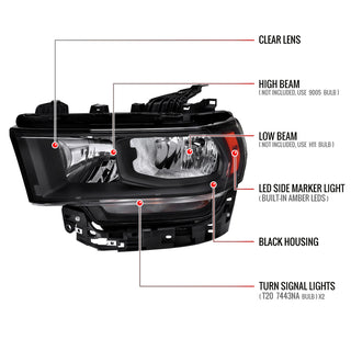 Spec D Factory Style Crystal Headlight Black Housing (DRIVER): Ram 2500/3500 2019-2024